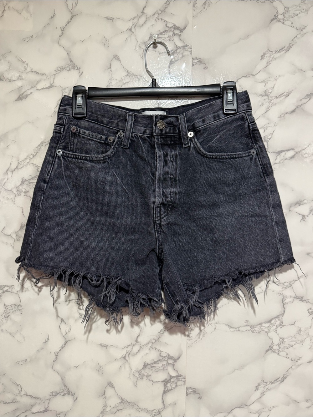 Agolde Parker Button Fly Frey Hem Black Washed Distressed Denim Cutoff Shorts 24